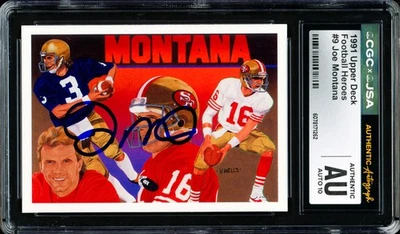 Tarjeta de héroes de cubierta superior firmada por Joe Montana 1991 9 49ers automática GM 10 CGC x JSA Foto 1 de 2