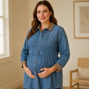 Vintage Boho Denim Peasant Button Up Top Animal Print Corduroy Trim Maternity - Picture 1 of 11
