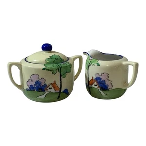 Vintage Noritake Japan Milchkännchen und blauer Knopf Deckel Zuckerdose Bauernhaus Design - Bild 1 von 18