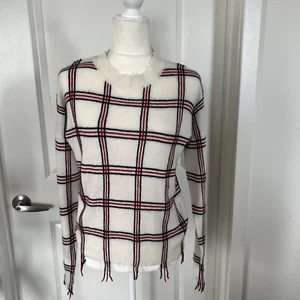 Bloomingdale’s Aqua Cashmere Distressed Plaid Cashmere Sweater in Cream . Size S - Picture 1 of 6