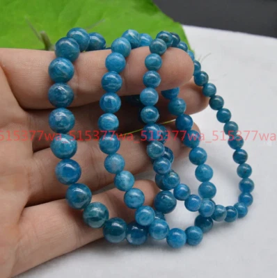  6/8/10 毫米天然蓝色磷灰石圆形宝石珠弹性小饰品手链 7.5 英寸 — 第 1/4 张图片