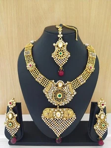 Indian Bollywood Jewelry Long Choker Set Earring Tikka Ethnic Gold Plated Set - Picture 1 of 4