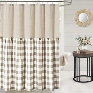 Linen Button Farmhouse Shower CurtainLinen and Cotton FabricPleated Brown and... - Picture 1 of 6