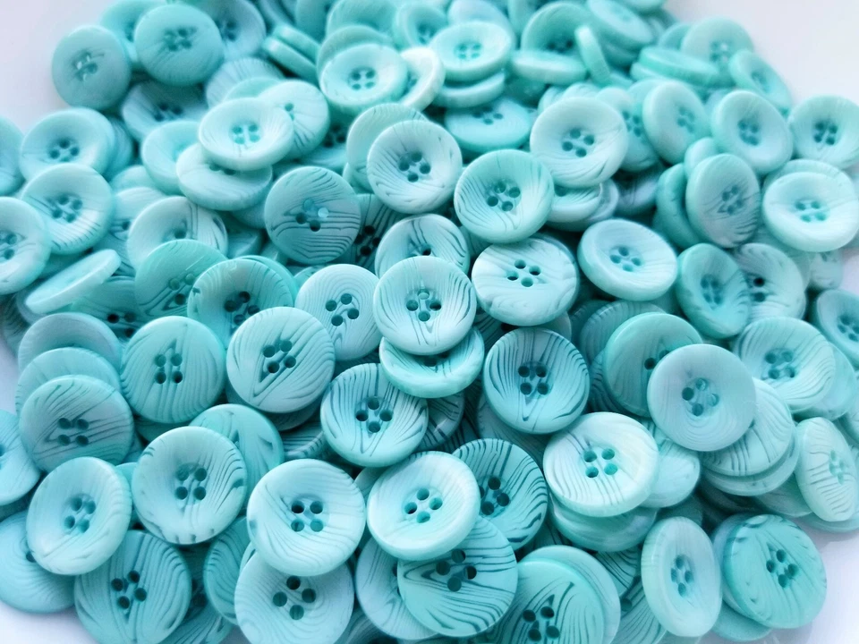 50 Light Aqua Blue Tiger Striped Buttons, size 15mm, 5/8" round, 4 holes, USA - Image 1 of 1