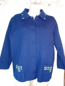 Vintage Marshall Fields Italy Blue Cardigan Wool Sweater Embroidered Flowers M - Picture 1 of 5