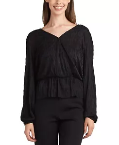 BCX Textured Tie-Back V-Neck Long-Sleeve Peplum Top Juniors' S Black Pullover - Picture 1 of 17