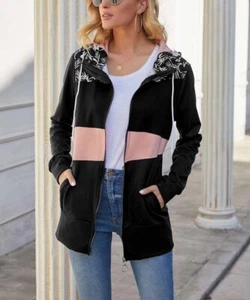Black Floral Color Block Zip-Up Hoodie Size XXL - Picture 1 of 3