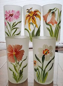 5 bicchieri vintage stile Gay Fad fiori dipinti a mano 4,75" vetro smerigliato - Foto 1 di 11