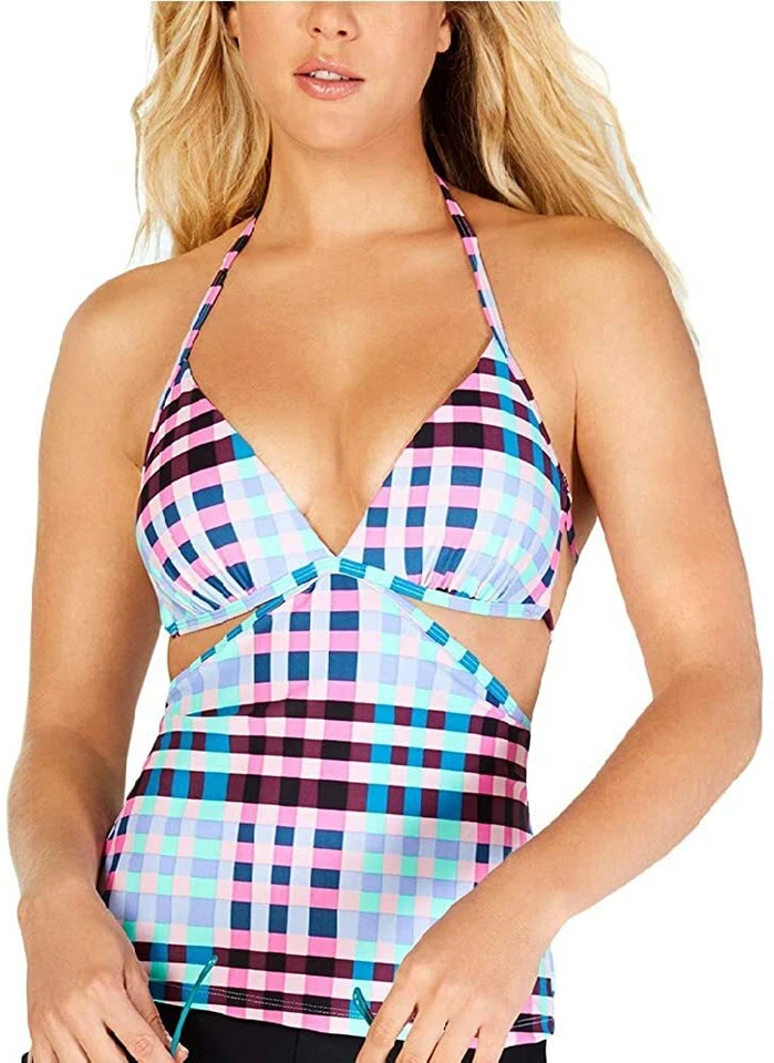 Camiseta de baño Tankini Hula Honey MULTI Check It Out estampada recortada, US X-Small Foto 1 de 2
