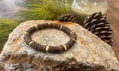 Coconut Shell Bracelet Brass Rondelle Spacer Beads Surfer Bracelet 8mm Unisex - Image 1 of 2