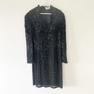 Vintage Niteline Allover Pailletten und Perlen verziert Langarm Kleid Größe 14 - Bild 1 von 7