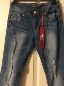 Nuevo NY IDOL Azul Sexy Destruido Ajustado Tiro Bajo Elástico Jeans Juniors Talla 1/2 - Imagen 1 de 9