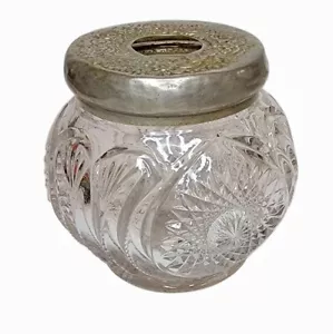 Antique Art Nouveau Cut Glass Vanity Jar Hair Receiver Metal Repousse Floral Lid - Picture 1 of 4