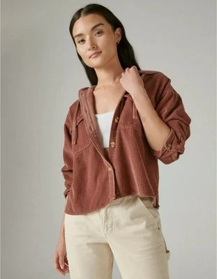 NWT LUCKY BRAND CROPPED CORDUROY HOODIE SHIRT JACKET IN DARK BLUSH SIZE Medium - Image 1 of 4