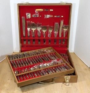 100 Piece Flatware Set From Thailand, Nickel Bronze & Rosewood, With Storage Box - Picture 1 of 9