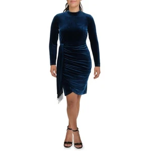 Tahari ASL Womens Blue Velvet Beaded Fringe Mock Neck Sheath Dress 6 BHFO 6369 - Picture 1 of 5