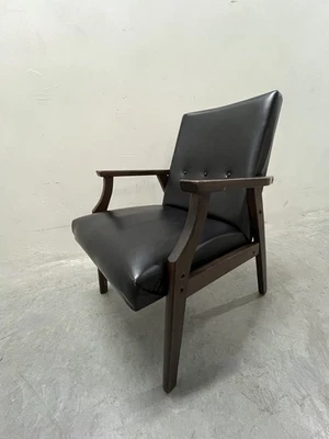 Vintage Black Faux Leather Accent Armchair With Wood Arms & Legs - Retro Charm! - Image 1 of 4