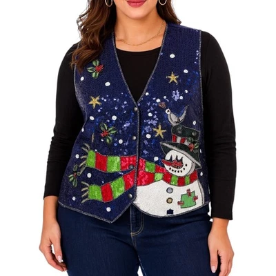 Quacker Factory Christmas Sequin Vest Snowman Navy Blue Holiday Beaded Women's L - Image 1 of 4