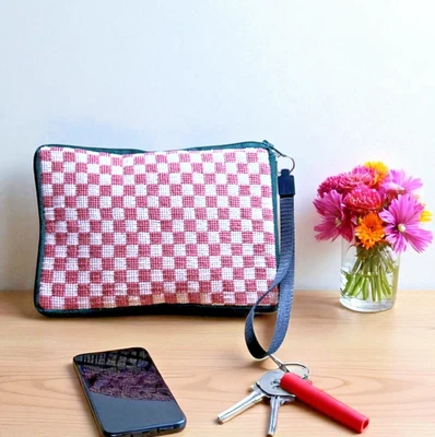 Handmade Red Checkerboard Completed Needlepoint Cosmetic Bag/Multi use Pouch - Image 1 of 4