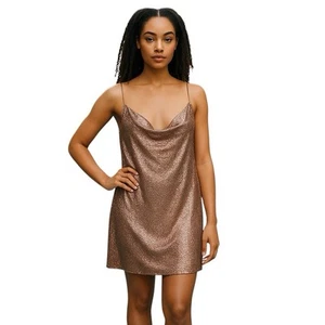 Asos Gold Sequin Cowl Neck Sleeveless Embroidered Open Back Dress Size Tall 14 - Picture 1 of 6