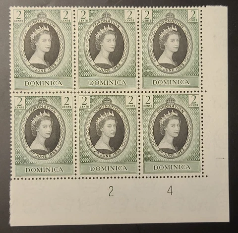 DOMINICA 1953 CORONATION SC 141. SG 139 CORNER BLOCK PLATE 1 & 4 QEII 2c MINT NH Cover