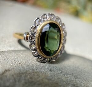 Early 1900’s 14k Gold and Platinum Green Sapphire and Rose Cut Diamond Ring 