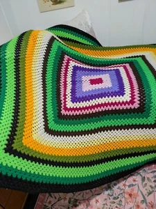 Vintage 78 X 78 Handmade Multicolor Rainbow Crocheted Afghan Throw - Picture 1 of 5