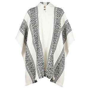 LLAMA WOOL THICK HOODED PONCHO MENS WOMANS UNISEX PULLOVER SWEATER WHITE & BLACK - Picture 1 of 12