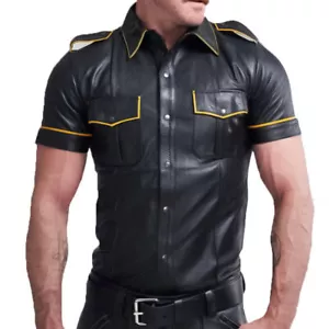 Men's Real Lamb Leather Police Uniform Short Sleeves Shirt With Yellow Piping - Picture 1 of 4