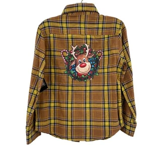Boys Plaid handmade Christmas button front shirt size 8 reindeer brown - Picture 1 of 6