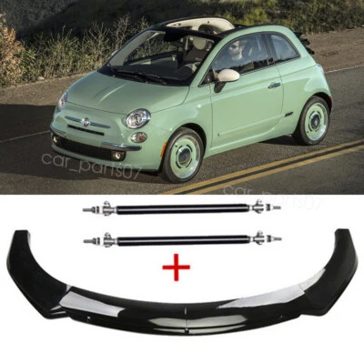 For Fiat 500 Black Front Bumper Splitter Lip & Strut Rods Gloss Body Kit - Imagem 1 de 4