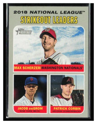 2019 Topps Heritage #71 2018 N.L. Strikeout Leaders Scherzer / deGrom / Corbin - Image 1 of 2