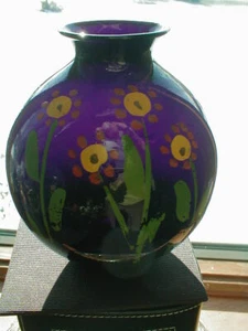 Florero globo bola bulbosa pintado a mano vidrio amatista negro ébano - Imagen 1 de 4