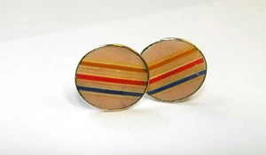 Oval Pink/Beige Multi-color Stripped Enamel Cufflink w/ Gold Tone (5G) - Picture 1 of 3
