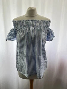 Womens Blue Striped Cotton Off Shoulder Blouse Size 6 - Picture 1 of 12