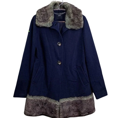 Abrigo chaqueta abotonada con ribete de piel sintética mezcla de lana azul marino marrón talla EE. UU. 2 de ASOS Foto 1 de 4