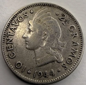 Moneta Argento 10 Dieci Centavos Repubblica Dominicana 1944 R79 - Foto 1 di 2