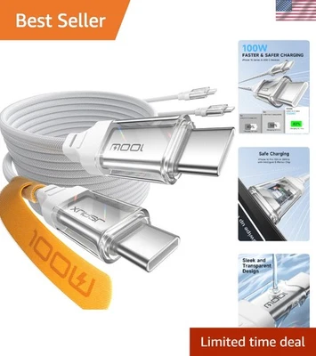 100W Braided USB-C to USB-C Fast Charger Cable [2-Pack 6.6FT] - Crystal White - Image 1 of 4
