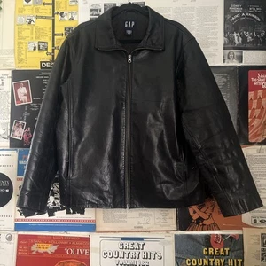 Vintage 90's Gap Leather Jacket Black Mens Full Zip Quilt Lining TAG/112110 LG - Picture 1 of 3