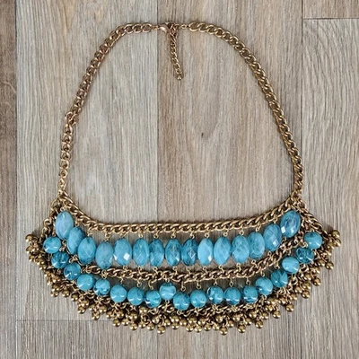 Gold Tone Blue Faceted Bead Statement Necklace Women Boho Bib Jewelry - Image 1 of 4