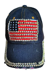 USA Damen Glitzer Nieten amerikanische Flagge Denim Hut verstellbar rot weiß blau - Bild 1 von 2