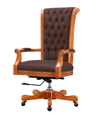 Silla Ejecutiva Marrón Cuero Genuino Mechón Giratorio Oficina Nogal Base Madera Foto 1 de 3