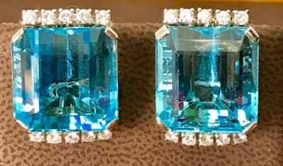 Transparent Emerald Cut 44.08CT Aquamarine With White CZ Vintage Stud Earrings - Image 1 of 4