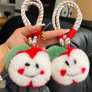 Cute Real Rabbit Fur Apple Keychain Pompom Ball Bag Car Phone Pendant Kids Gift - Picture 1 of 17