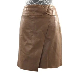 Halston Heritage Taupe Leather The Drape Mini Skirt Womens 6 Tie Twist - Picture 1 of 12