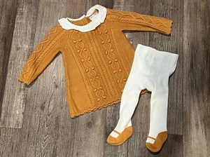 Max Studio Baby Mustard Yellow Brown Baby Girl Fall Tunic Sweater & Tights 3-6m - Picture 1 of 7
