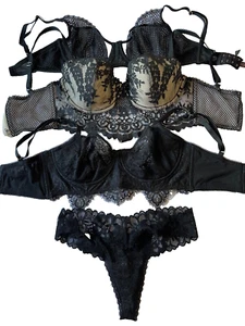 NUEVO Conjunto LOTE de bragas de encaje negras PushUp Demi sujetadores Victoria's Secret 32DDD - Imagen 1 de 9