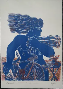 Alekos Fassianos, Lithograph 1977, jeune cycliste bleu/coloriert/signiert/24/25 - Bild 1 von 8