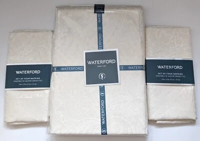 Waterford 70 x 84 Tablecloth + 8 Napkins "Holiday Paisley White" Cream Linen Set - Image 1 of 4