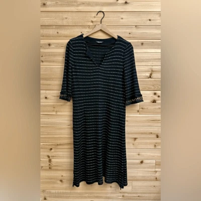 Vestido de coquetel Misook tamanho médio gola V listrado malha comprimento do joelho LBD - Imagem 1 de 4